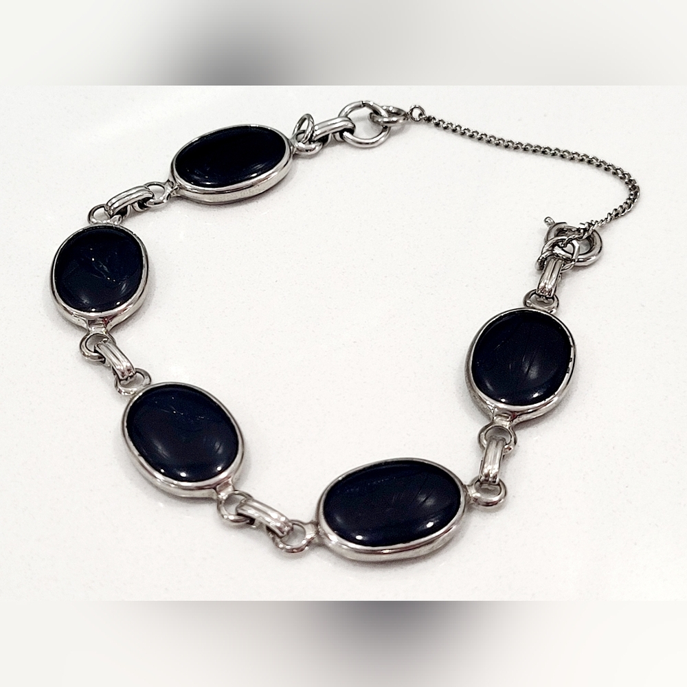 Vintage Jet Black Scarab Bracelet 7.5"